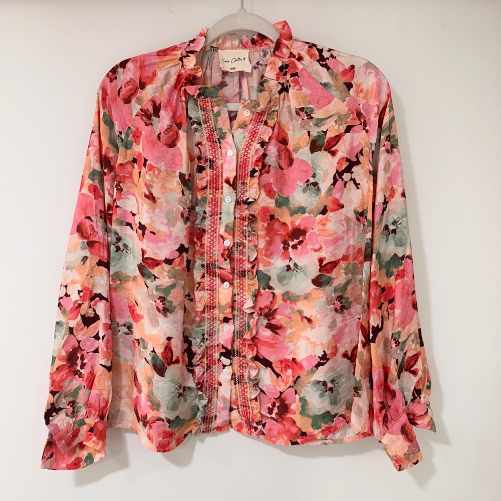 Easy Clothes Floral Ruffle Blouse Womens S/M Pink Smocked Detail | Cottagecore